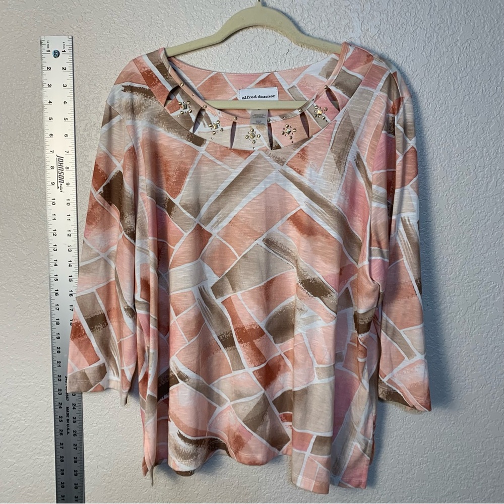 Alfred Dunner Pink and Gray Graphic Blouse with Bib Collar